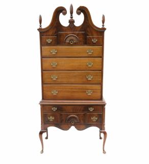 Appraisal: Mahogany Queen Anne drawer highboy with two carved shell fronts