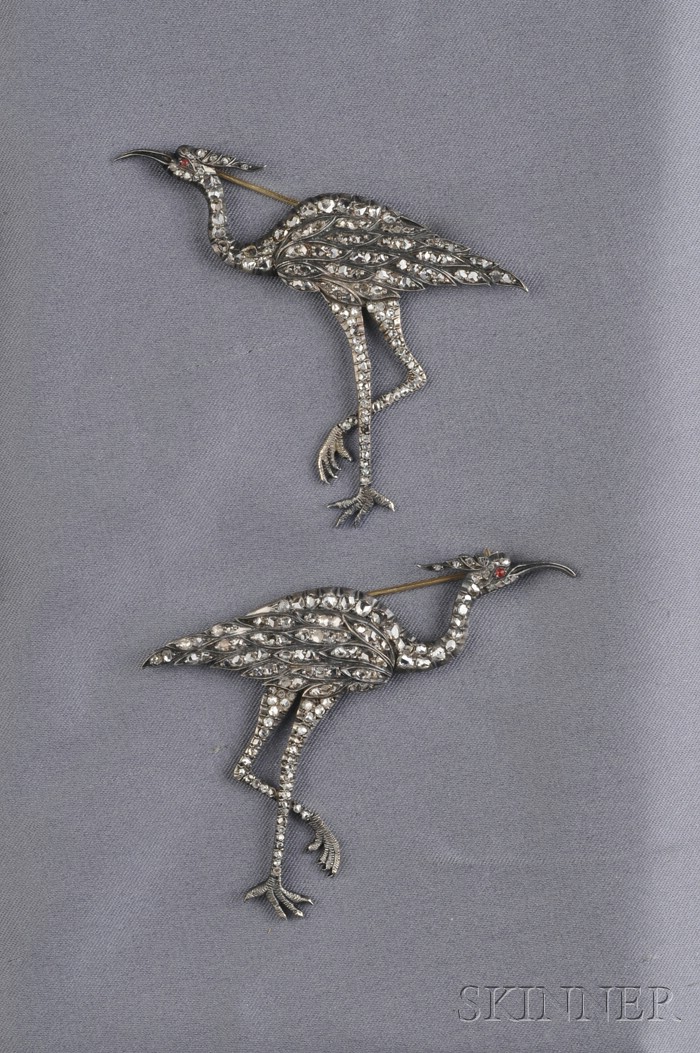 Appraisal: Pair of Silver and Rose-cut Diamond Wading Bird Brooches each