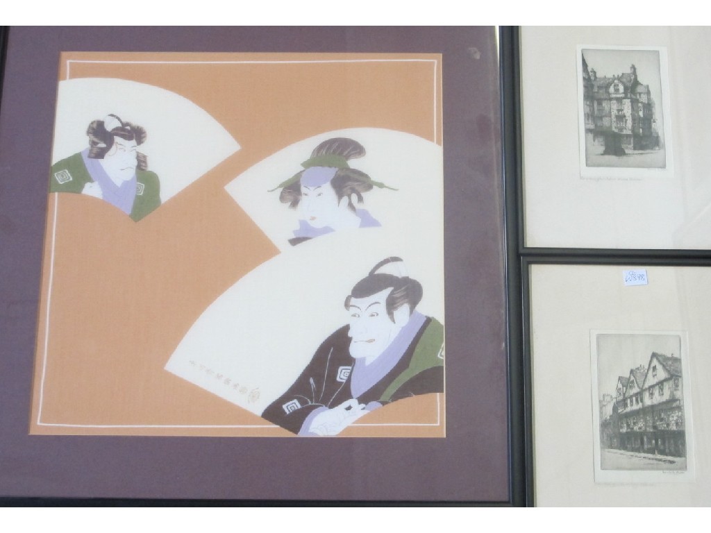 Appraisal: Lot comprising a Japanese print on fabric plus two etchings