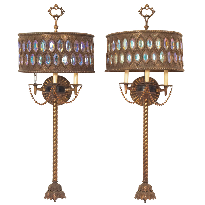 Appraisal: Art Deco period sconces pair brass with inset beveled glass