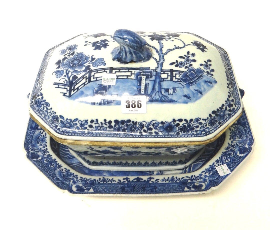 Appraisal: A Chinese export blue and white canted rectangular tureen a