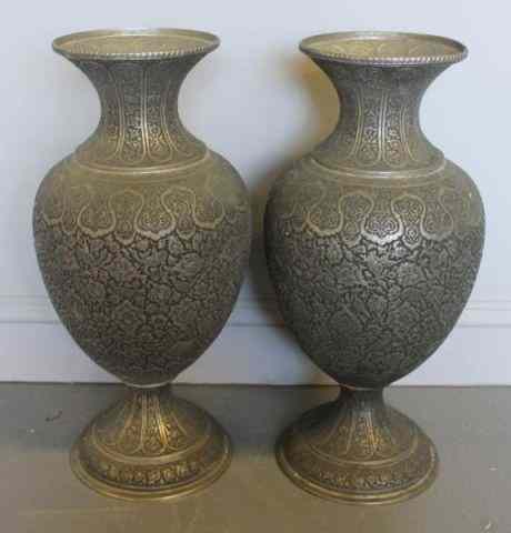 Appraisal: Pair of Vintage Middle Eastern Urns Pair of silver over