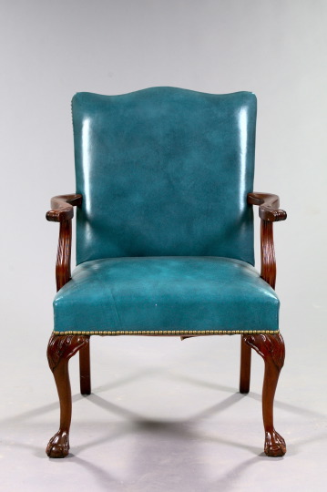 Appraisal: George III-Style Mahogany and Leather-Covered Armchair the padded back and