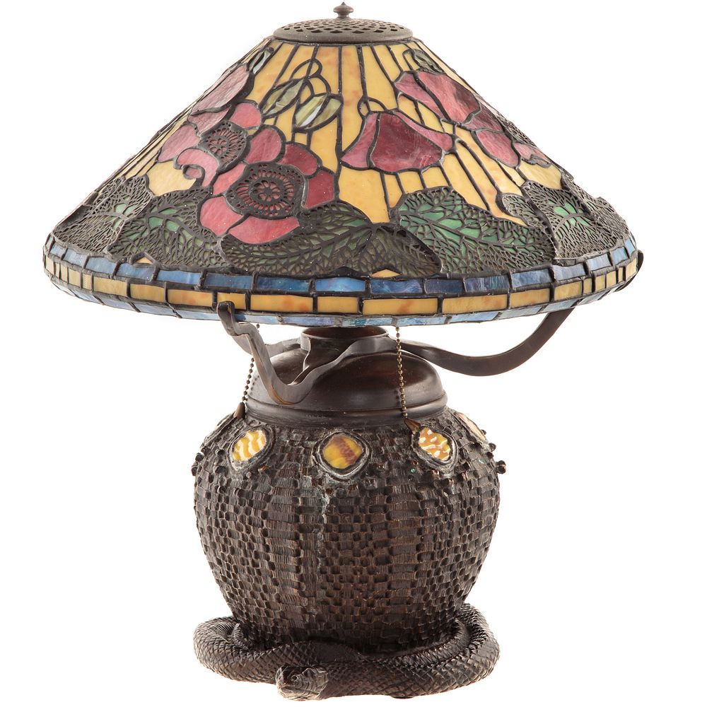 Appraisal: Tiffany Style Snake Basket Bronze Lamp High quality lamp with