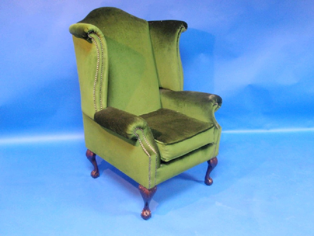 Appraisal: Wing-back upholstered armchair green draylon cabriole legs with ball and