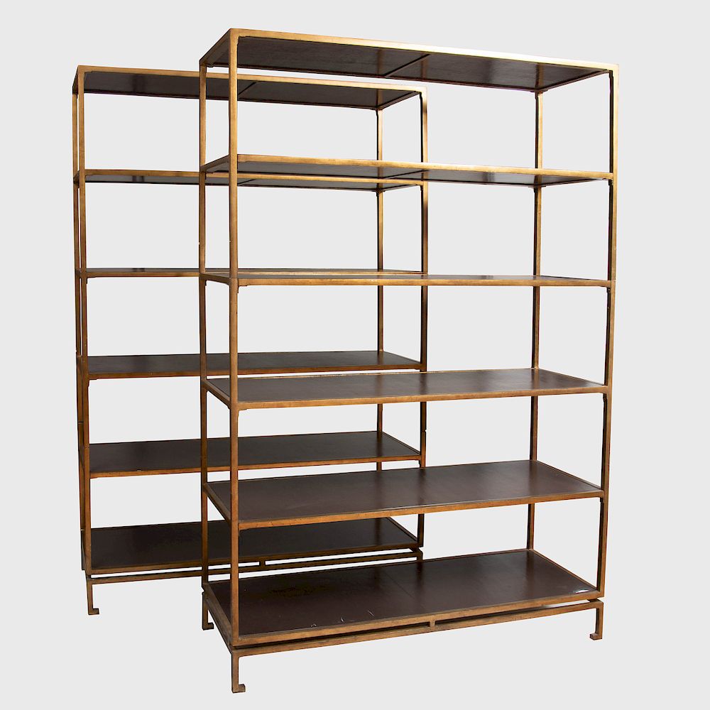 Appraisal: Pair of Brass and Leather Six-Tier Bookcases in the Manner