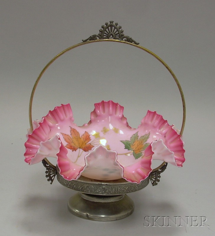 Appraisal: Late Victorian Glass Basket over Silver Plated Base pink ruffled