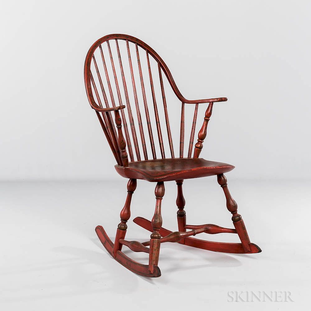 Appraisal: Red-painted Continuous-arm Bow-back Windsor Rocking Chair Red-painted Continuous-arm Bow-back Windsor