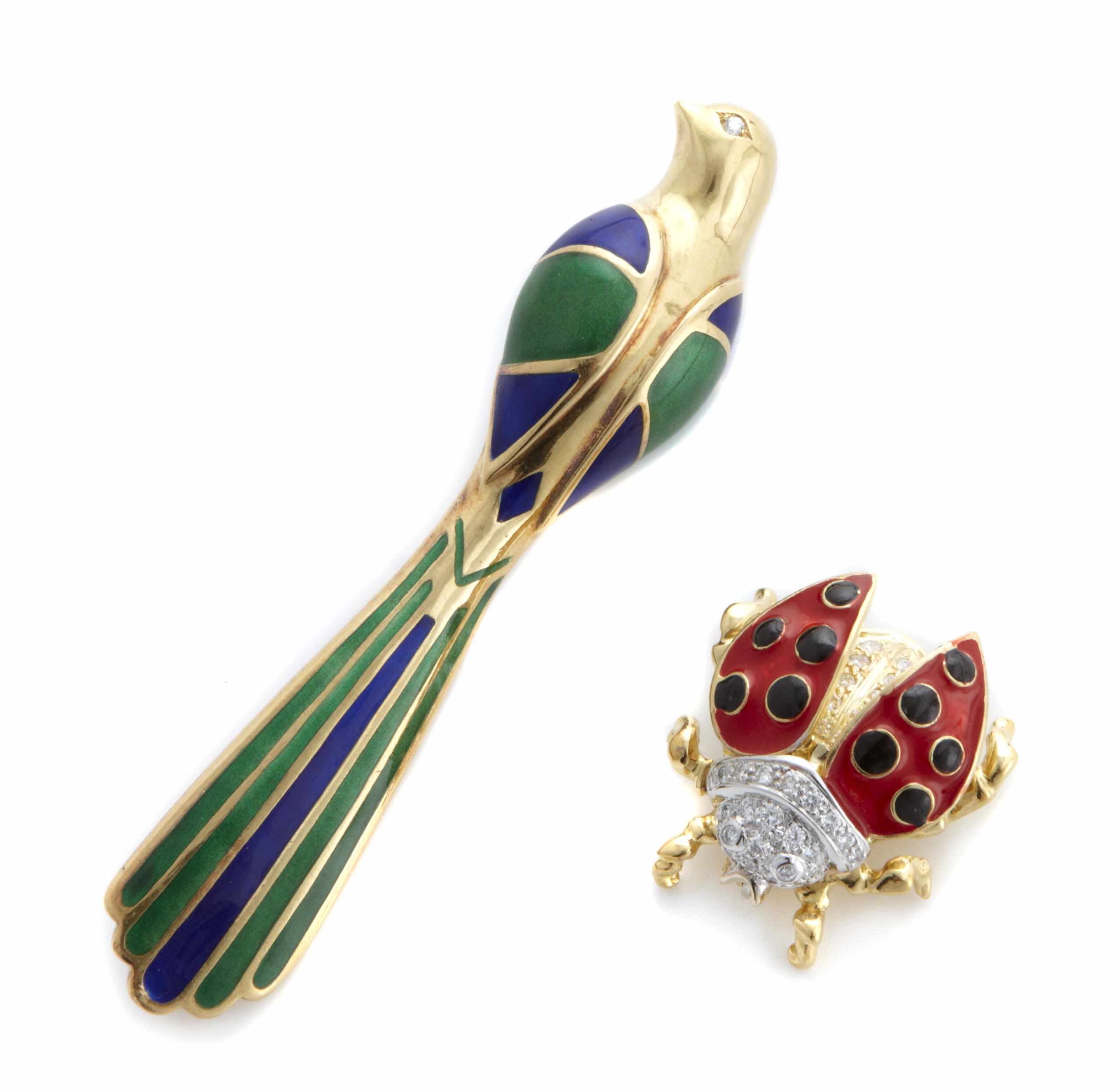 Appraisal: A collection of two enamel diamond and k gold bird