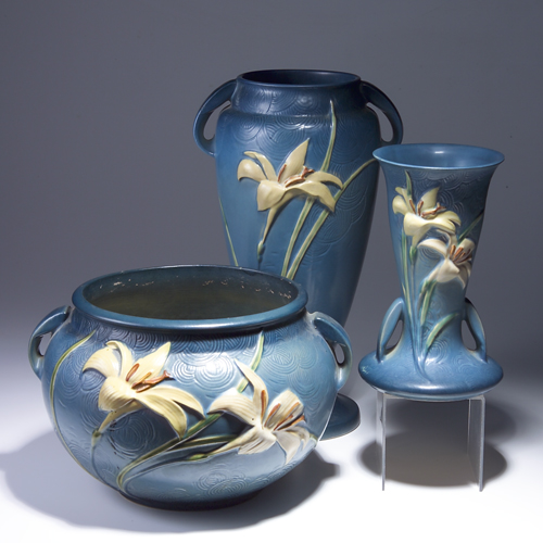 Appraisal: Three ROSEVILLE blue Zephyr Lily pieces to include a tall