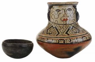 Appraisal: Shipibo Figural Pottery Vase and a Blackware Pottery Bowl North