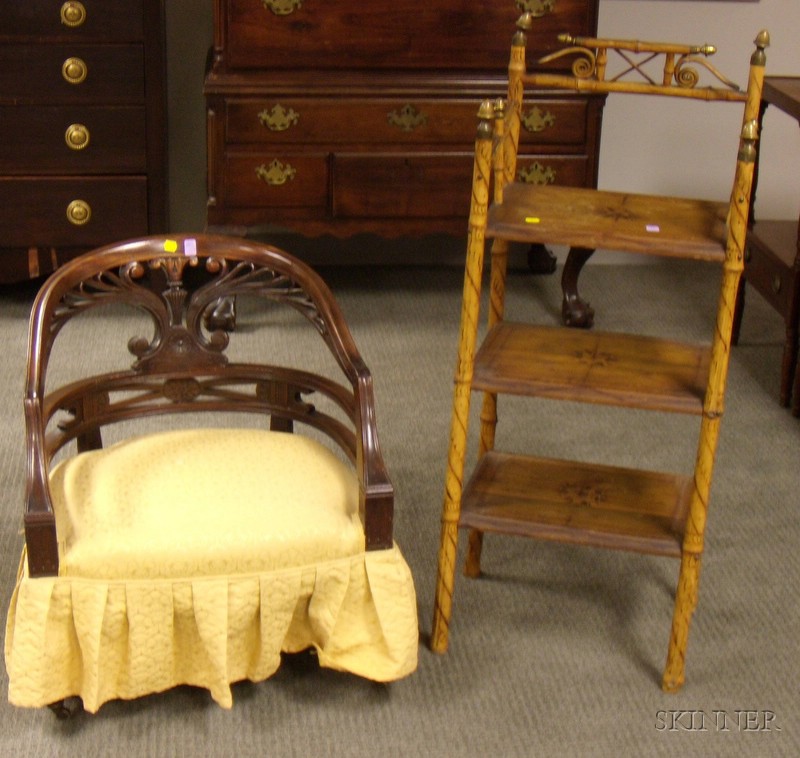 Appraisal: Victorian Upholstered Carved Walnut Barrel-back Slipper Chair and a Pyrographic