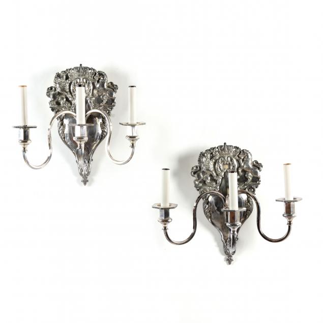 Appraisal: PAIR OF ANTIQUE SHEFFIELD SILVERPLATE THREE LIGHT CANDELABRA SCONCES Circa