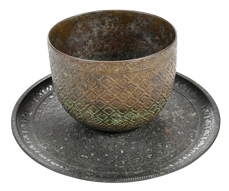 Appraisal: Persian Bronze Cup and Silver Inlaid Dish th th century