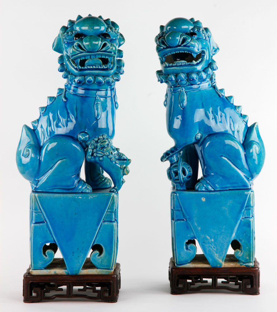 Appraisal: - Pair of Turquoise Porcelain Foo Dogs Pair of turquoise