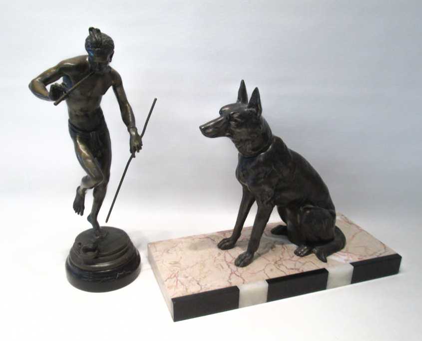 Appraisal: PATINATED BRONZE SCULPTURES the first of a dog seated on