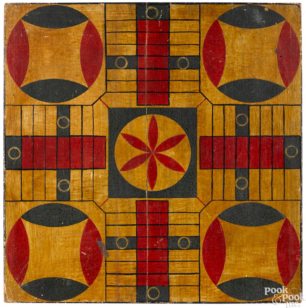 Appraisal: Painted pine Parcheesi gameboard Painted pine Parcheesi gameboard late th