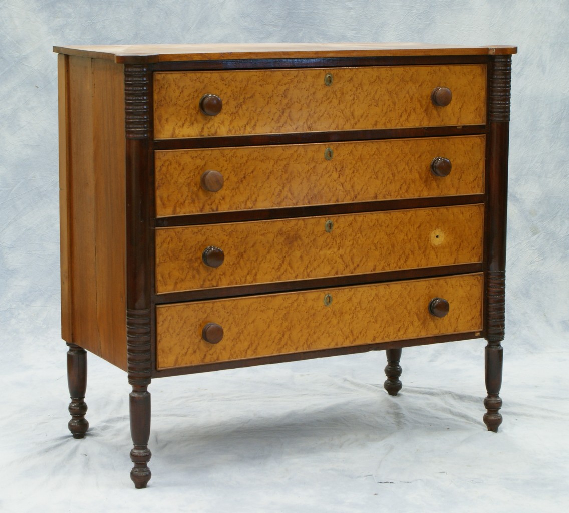 Appraisal: NE birch and birdseye maple turret corner Sheraton drawer chest