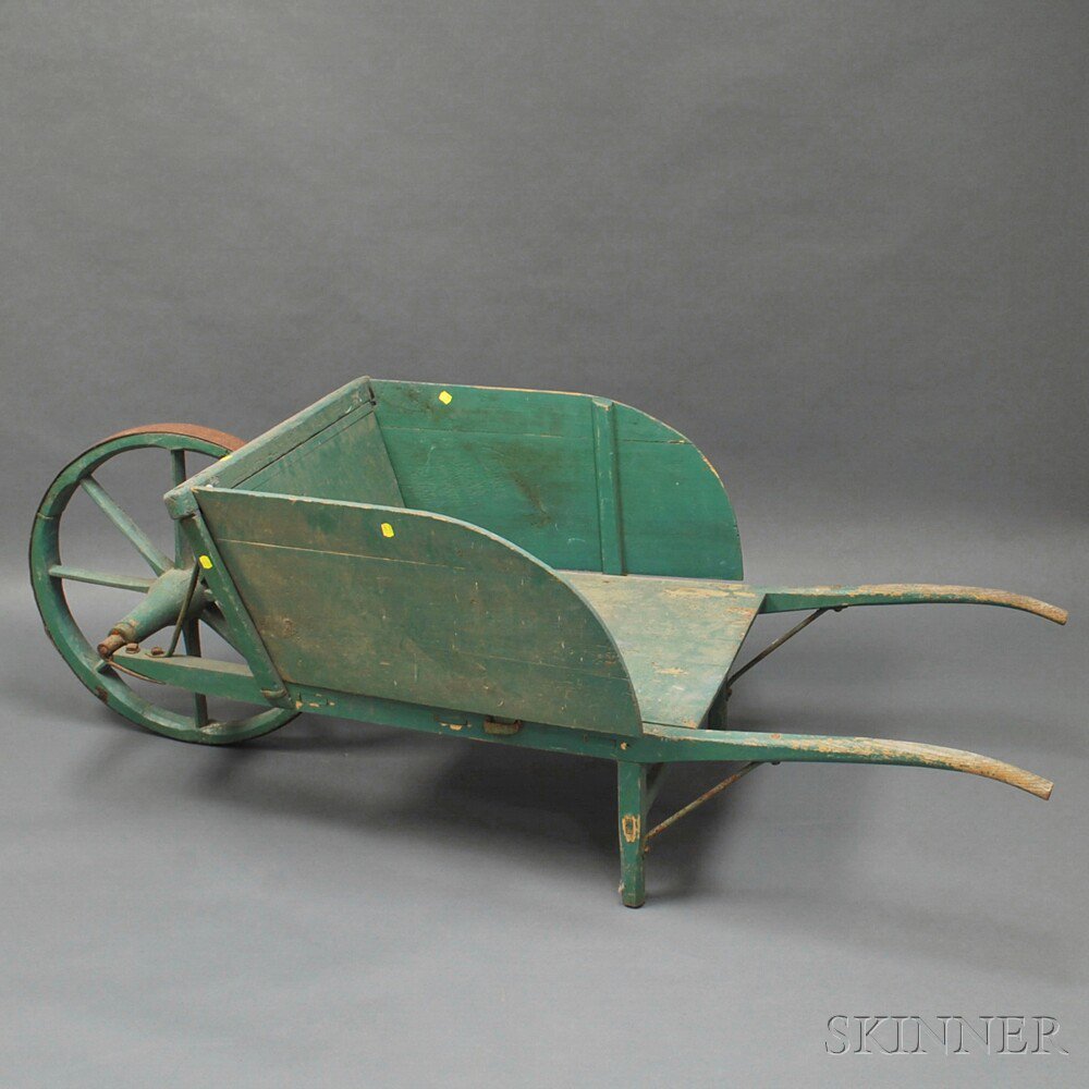 Appraisal: Green-painted Wooden Wheelbarrow th th century ht wd dp in