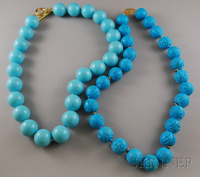 Appraisal: Carved Chinese Turquoise Beaded Necklace with kt gold clasp together