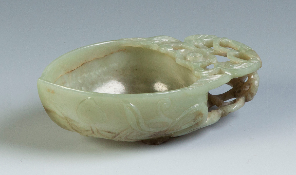 Appraisal: Chinese Finely Carved Jade Brush Wash Pierce carved handle flowers