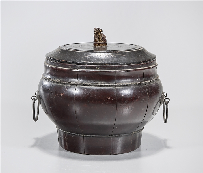 Appraisal: Chinese lacquered covered pot with finial and metal handles faint