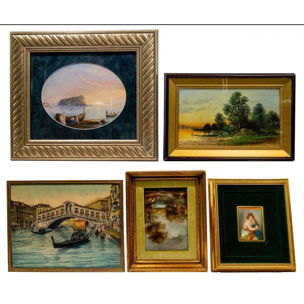 Appraisal: PAINTING ASSORTMENT framed items including an unsigned miniature oil on