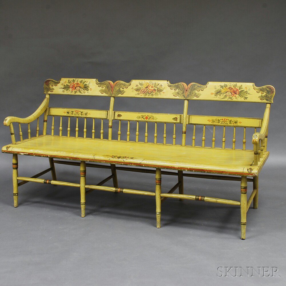 Appraisal: Painted Spindle-back Settee America th century the valanced and fruit