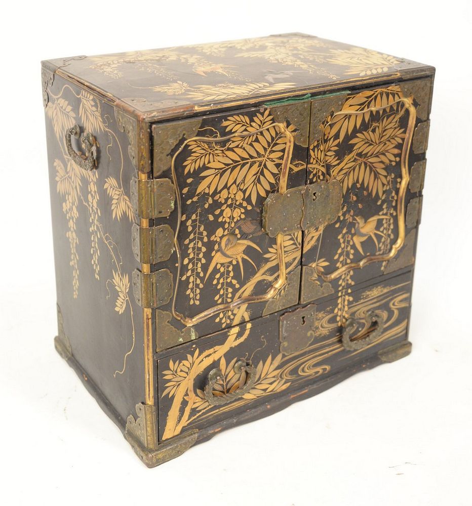 Appraisal: Japanese Black Lacquered Cabinet brass mounted with raised gold chinoiserie