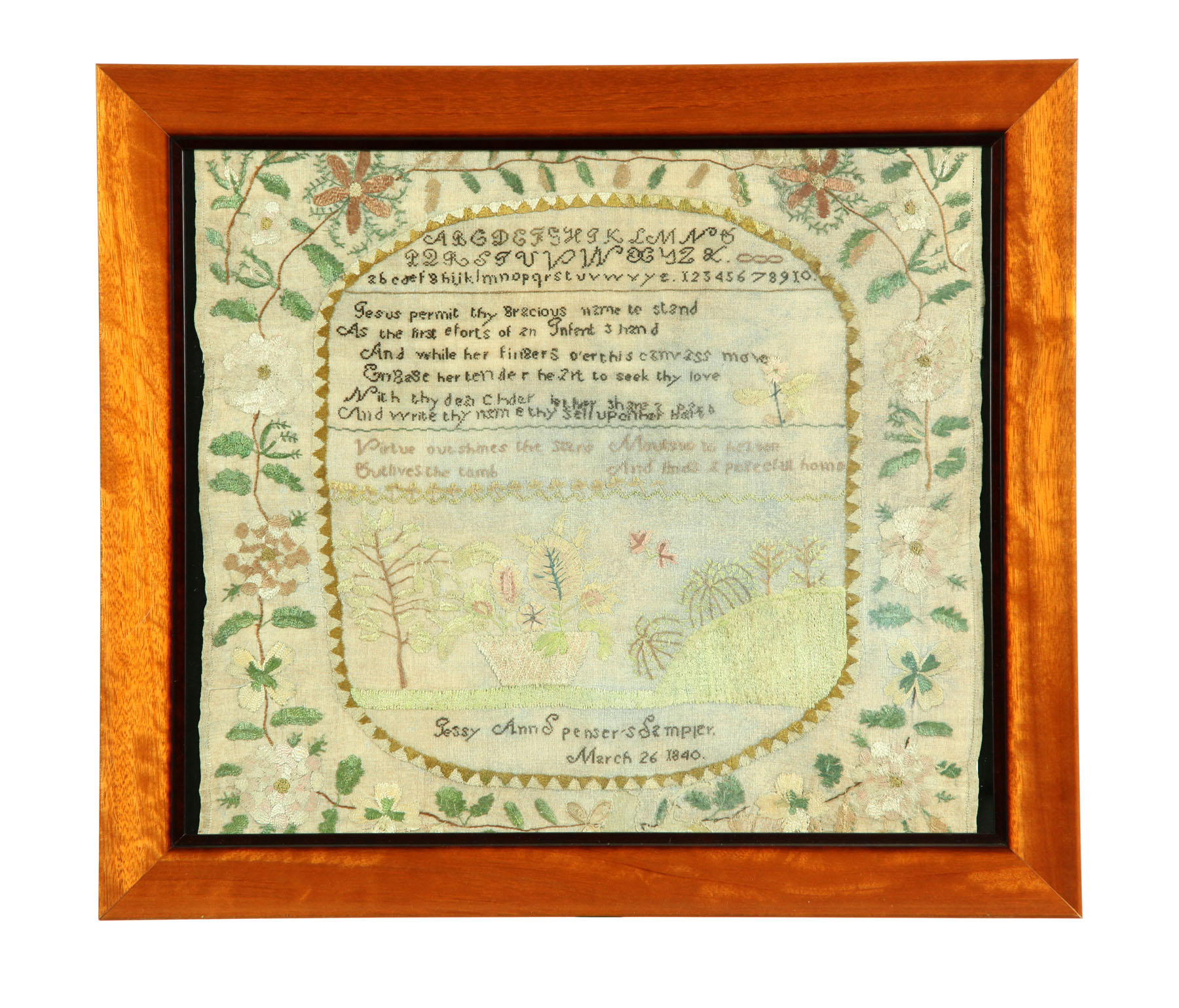 Appraisal: RARE ILLINOIS SAMPLER Greene County silk on linen Realistic flowering