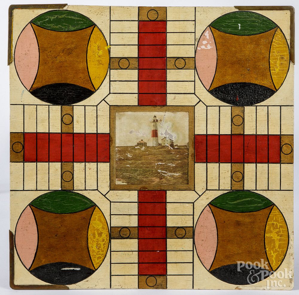 Appraisal: Parcheesi and checkers gameboard Painted pressboard Parcheesi and checkers gameboard