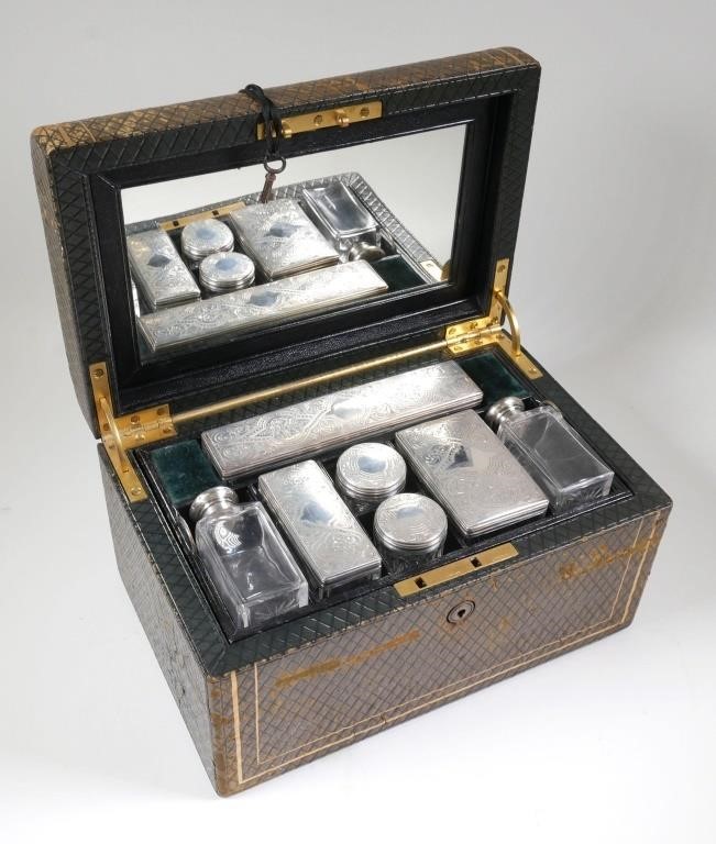 Appraisal: Antique English traveling vanity case with ornate sterling silver and