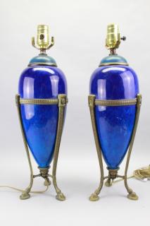 Appraisal: Antique Sevres Footed Porcelain Bronze Lamps as is Having Hairline