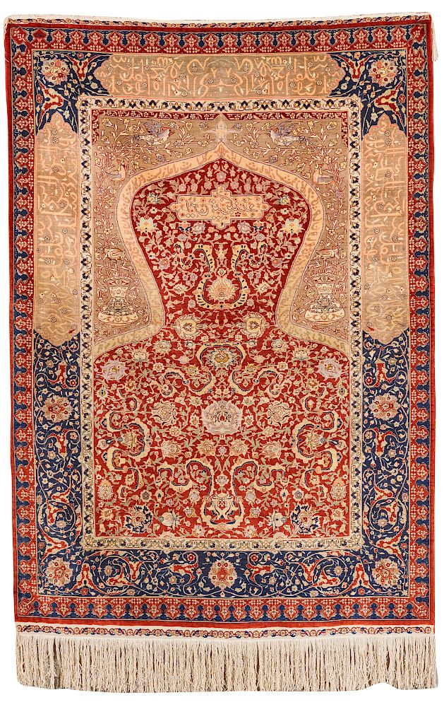 Appraisal: Fine Hereke Silk and Metallic Thread Prayer Rug Turkish ca