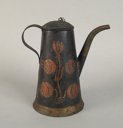 Appraisal: Tole coffee pot th c with unusual floral decoration on