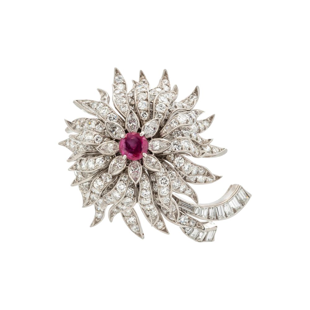 Appraisal: RUBY AND DIAMOND FLOWER PENDANT BROOCH RUBY AND DIAMOND FLOWER