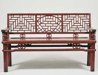 Appraisal: RED LACQUERED SETTEE Chinese With pierced back above the lacquered