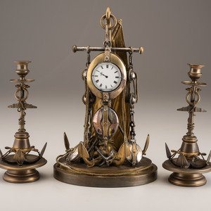 Appraisal: A Cast Brass and Steel Anchor Form Mantel Clock Garniture