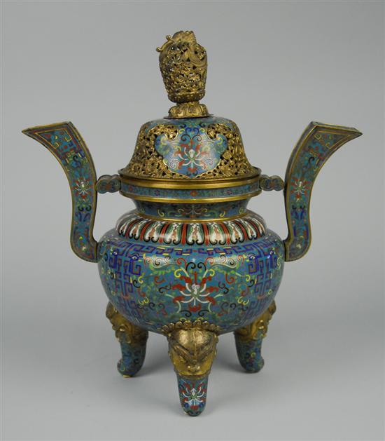 Appraisal: CHINESE GILT BRONZE AND CLOISONNE COVERED TRIPOD CENSER bears Qianlong