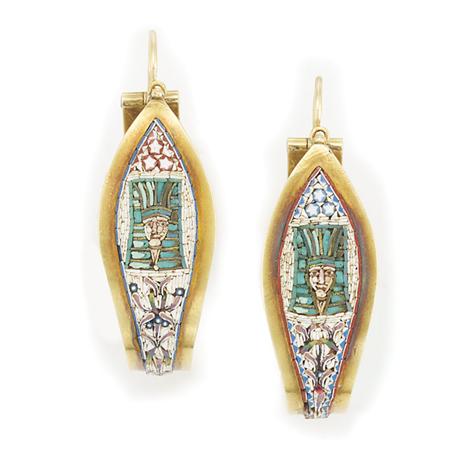 Appraisal: Pair of Egyptian Revival Gold and Micromosaic Hoop Earrings Estimate