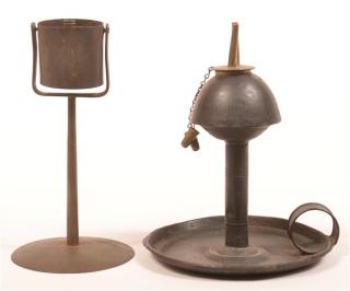 Appraisal: Two th Century Lighting Devices st Wrought Iron kettle lamp