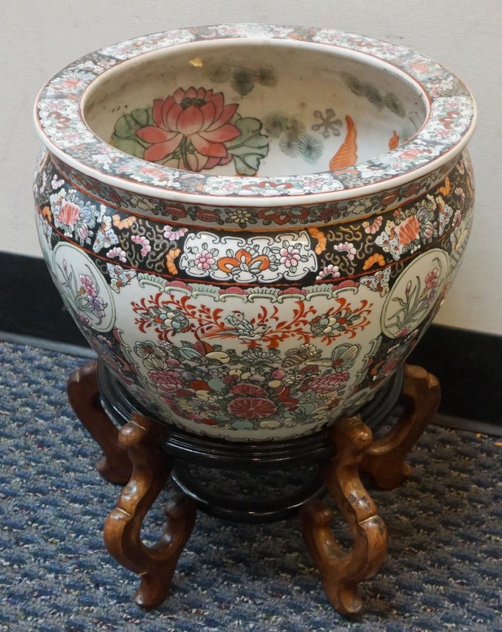 Appraisal: CHINESE POLYCHROME DECORATED JARDINERE WITH HARDWOOD STAND H OVERALL IN