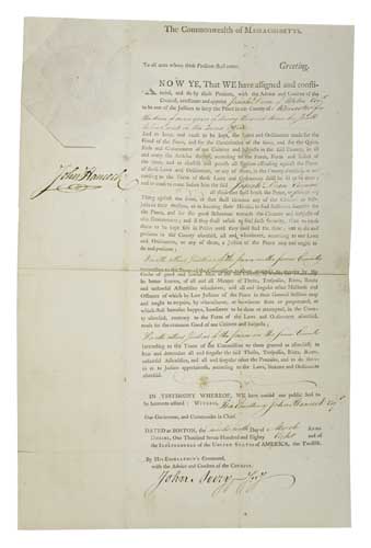 Appraisal: HANCOCK JOHN Partly-printed Document Signed as Governor of Massachusetts appointing