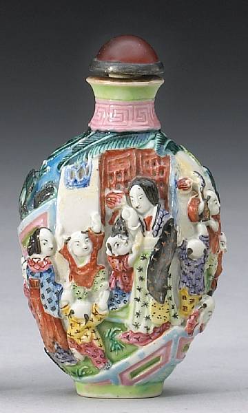 Appraisal: A polychrome enameled molded porcelain snuff bottle - The large