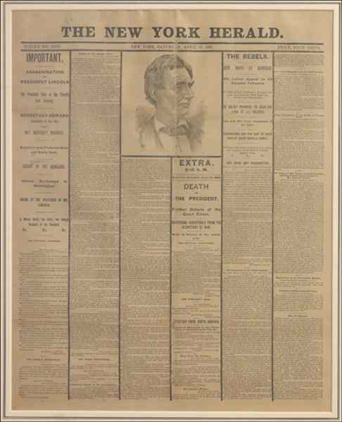 Appraisal: ABRAHAM LINCOLN ASSASSINATION DAY NEWSPAPER Published by The New York