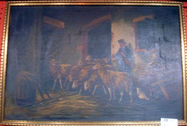 Appraisal: Oil on Canvas of Sheep and Shepherd Not obviously signed