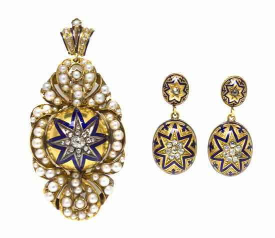 Appraisal: A Victorian Yellow Gold Pearl Diamond and Enamel Demi Parure