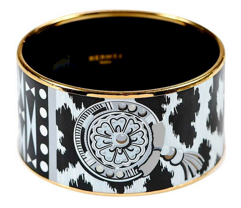 Appraisal: Herm s Bangle Bracelet gold-tone rim black and white enamel