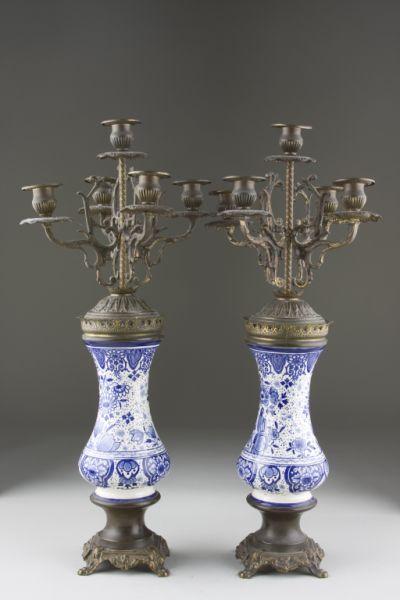 Appraisal: Pair of Delft Bronze Candelabra th c blue and white