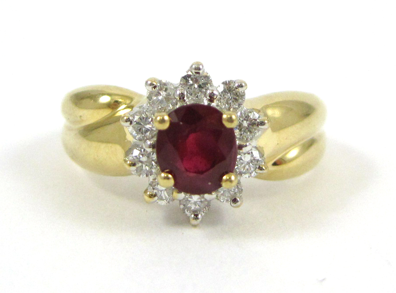 Appraisal: RUBY DIAMOND AND FOURTEEN KARAT GOLD RING with ten round-cut